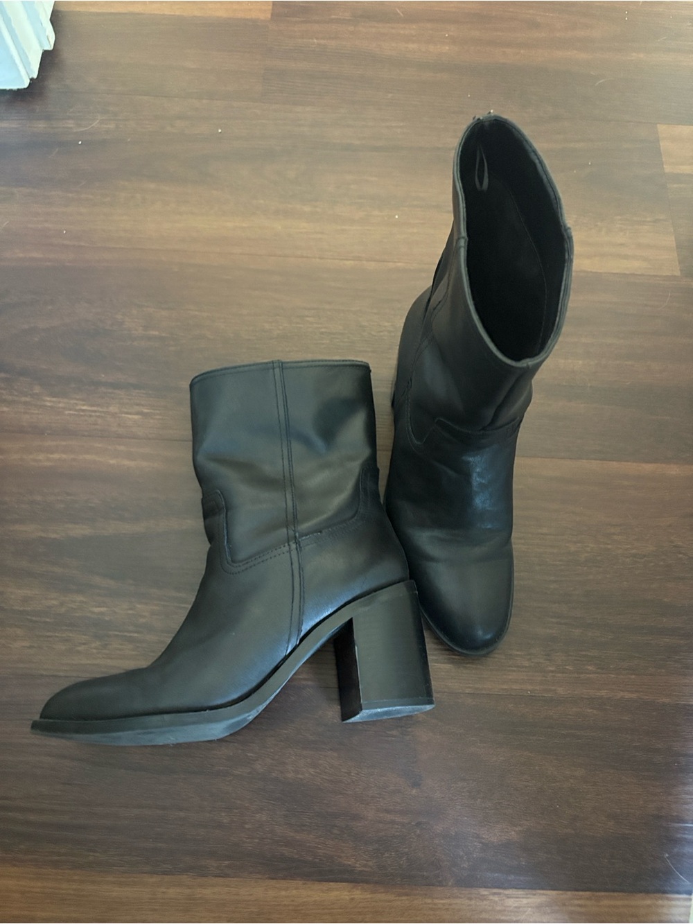 Zara Black Leather Mid-Calf Block Heel Ankle Boots